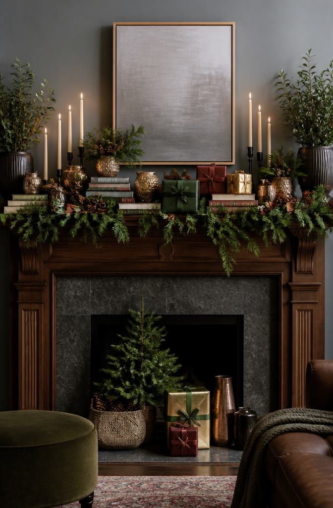 Mantel filled with books, candles, and decorations.