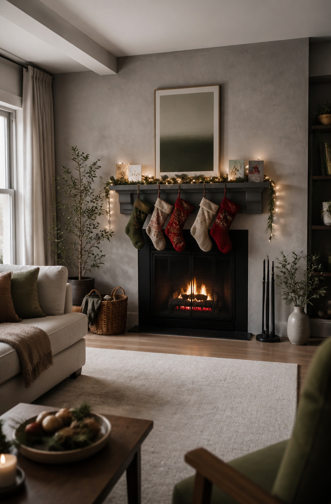 Shelf holding stockings and garland for Christmas decor.