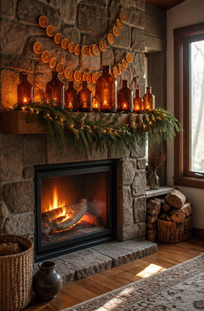 Mantel decorated with amber bottles and dried orange slices.