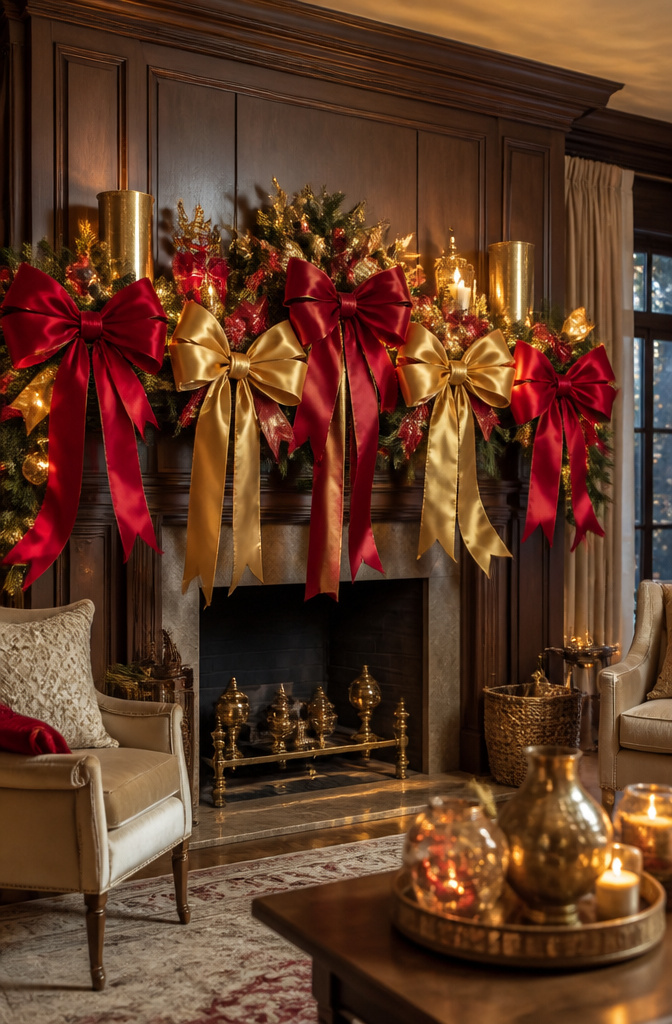 Mantel decorated with large red and gold bows and evergreen garlands.