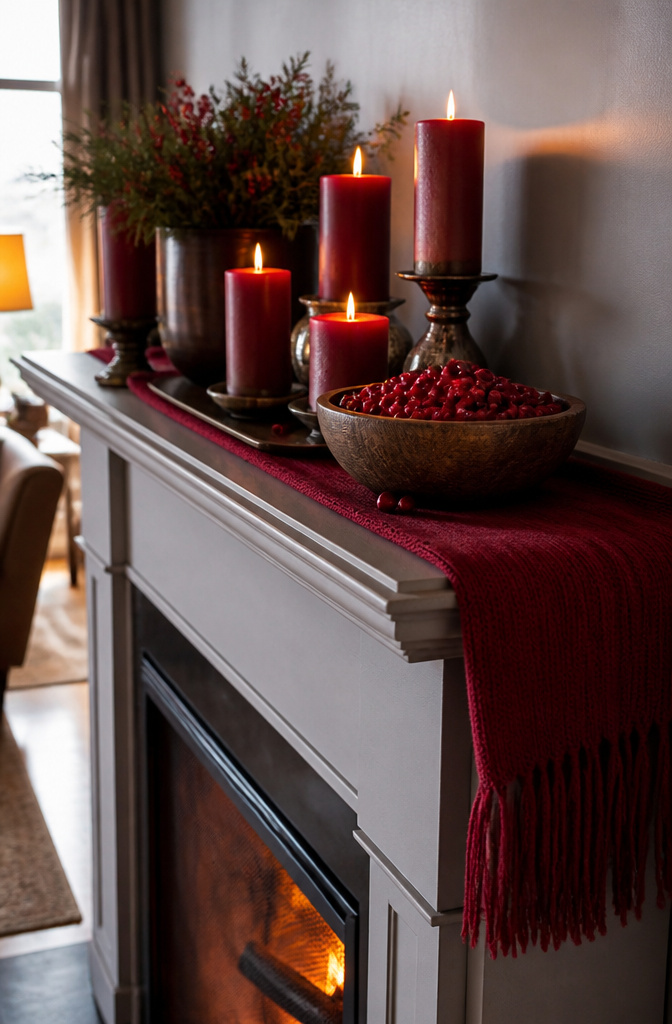 Mantel arranged with red decorations and candles.