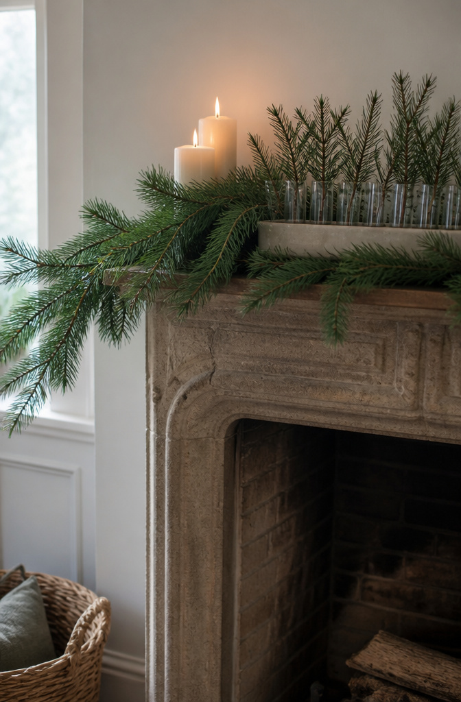 Mantel decorated with fresh greenery and candles.