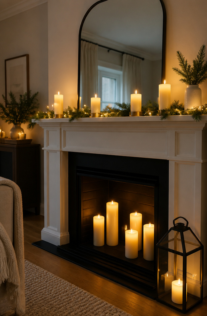 Mantel featuring LED candles and a mirror.