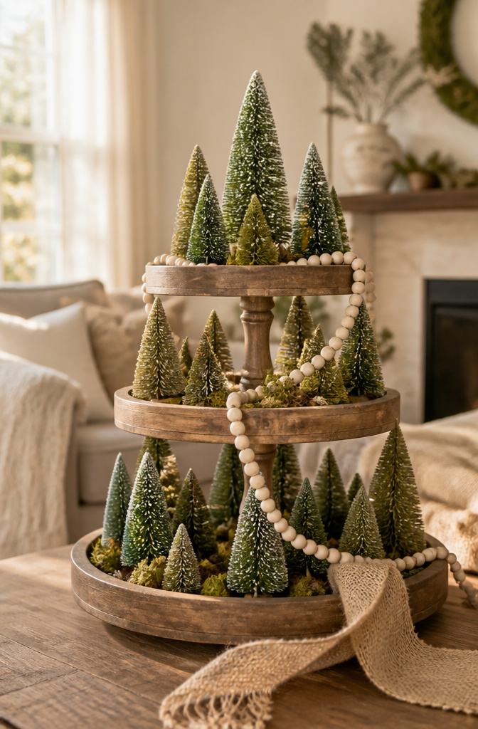 A tiered tray with miniature trees, including bottle brush and moss-covered pines.
