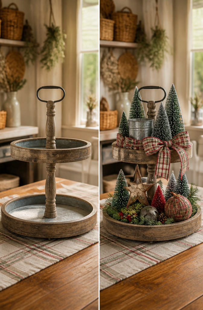 A tiered tray styled with a rustic theme and decorative items.
