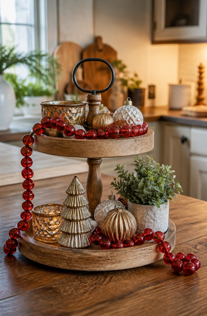 A tiered tray adorned with beaded garland and holiday ornaments.