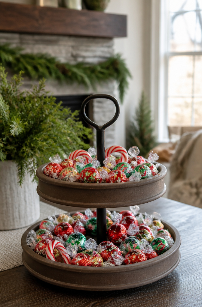 A tiered tray filled with colorful foil-wrapped chocolates and candy canes.