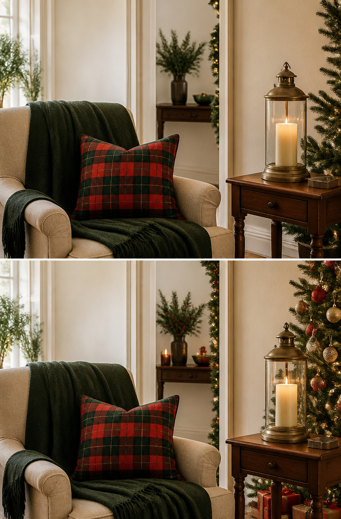 A photograph showcasing traditional Christmas decorations in red and green.