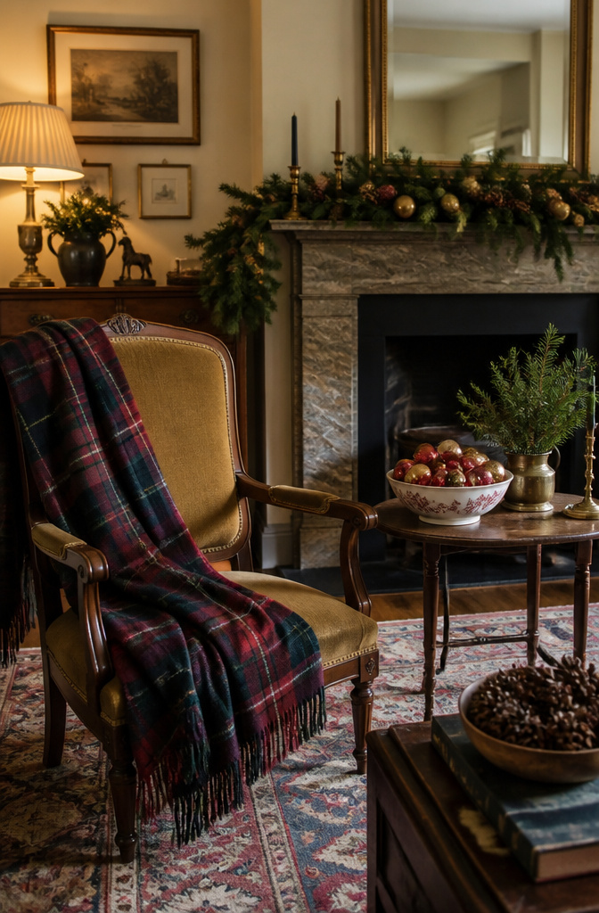 A living room featuring vintage decor and plaid accents for Christmas.