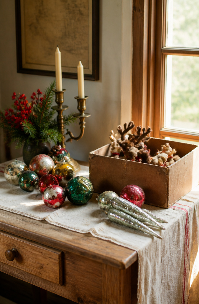A collection of vintage Christmas ornaments on a wooden side table.