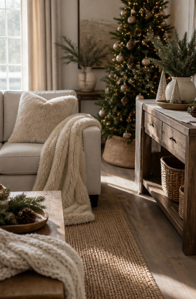 A cozy living room featuring various seasonal textures and decor.
