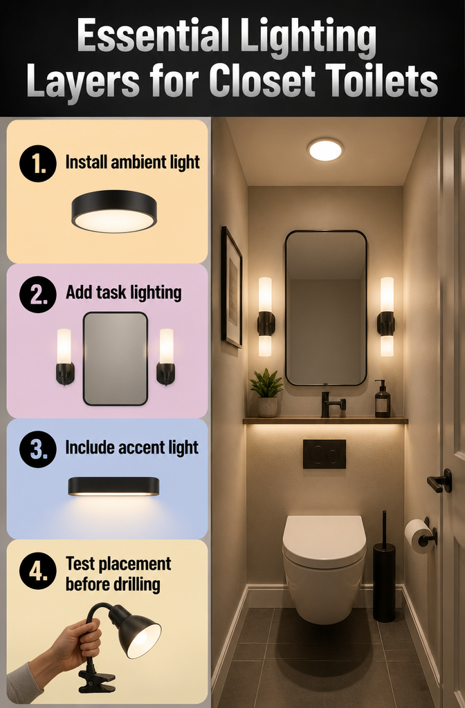 An information image on essential lighting layers for closet toilets.