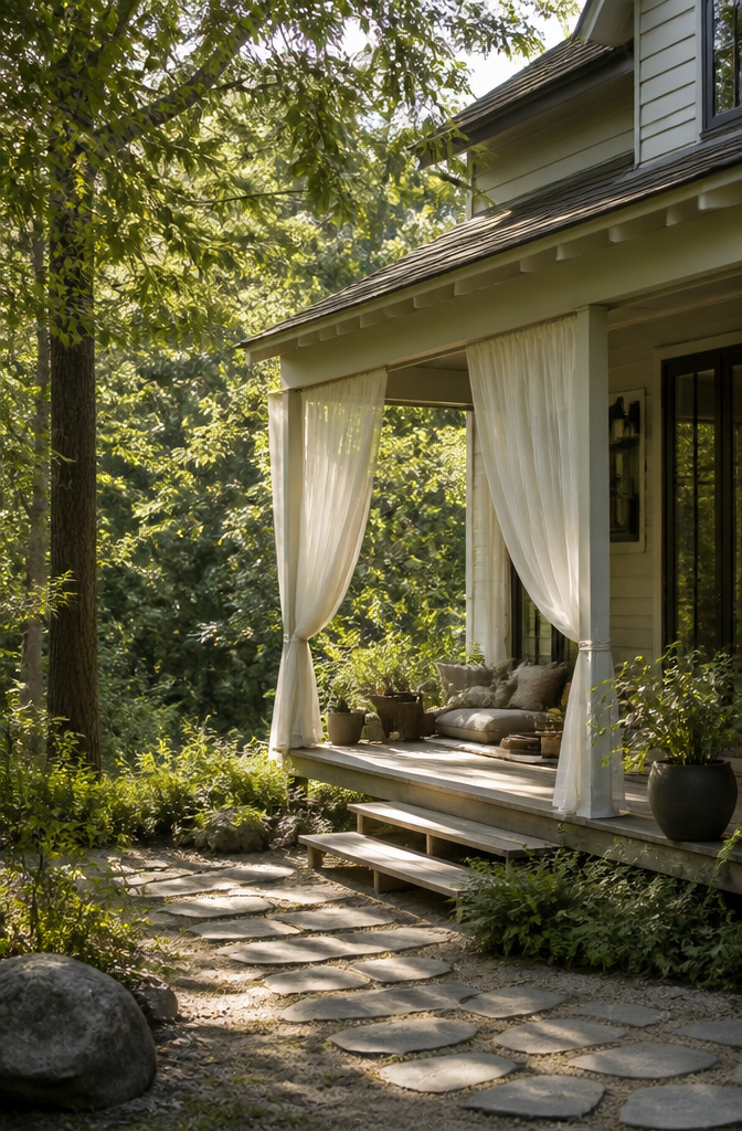 Sheer curtains hanging on a porch ceiling with low furniture underneath.