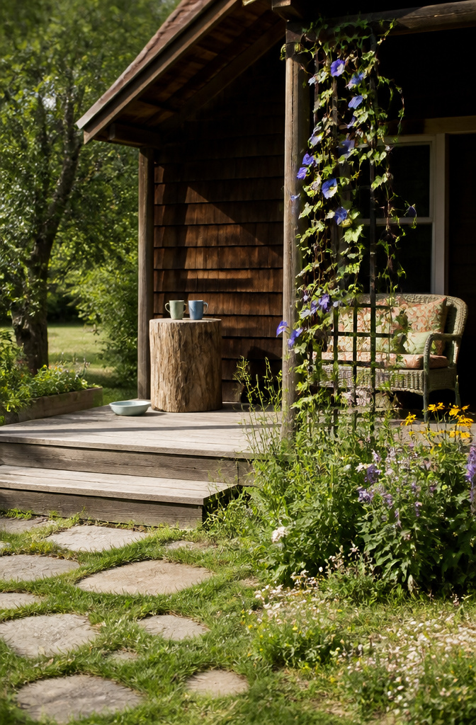 A leveled log serving as a side table on a porch.
