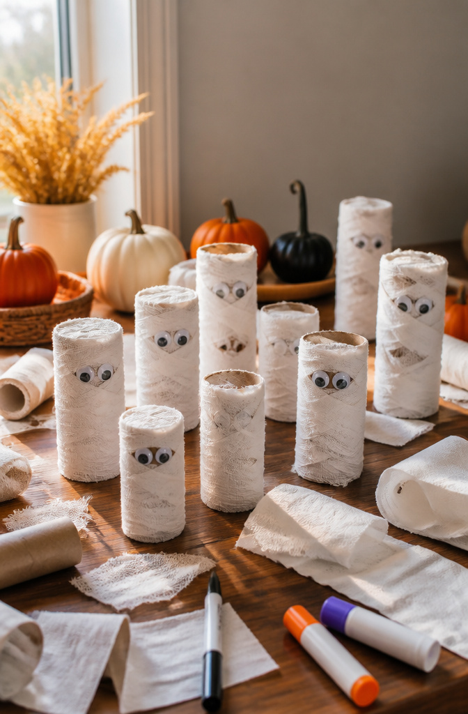 Cylindrical forms wrapped in white gauze and toilet paper with googly eyes.