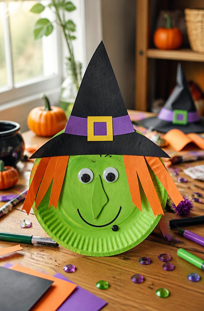 Witches made from paper plates with construction paper hair and hats.