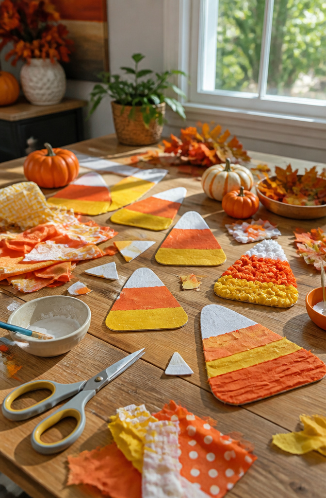 Craft materials in orange, yellow, and white representing candy corn.