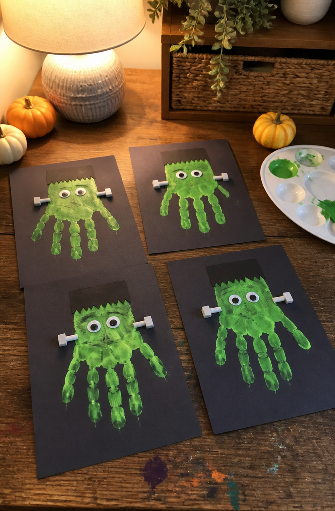 Handprints painted green with added googly eyes and bolts on paper.