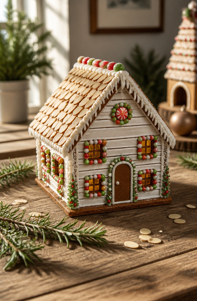 A gingerbread cottage painted white with colorful candy decorations.