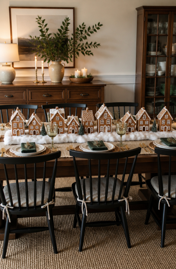 A collection of gingerbread houses arranged in a village setting.