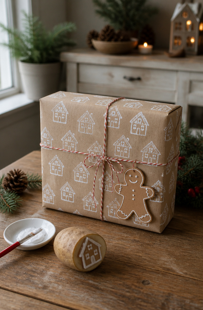 A wrapped gift with gingerbread-themed paper and a gingerbread man tag.