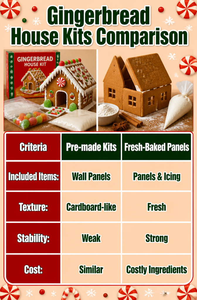 A comparison of different gingerbread house kits and their components.