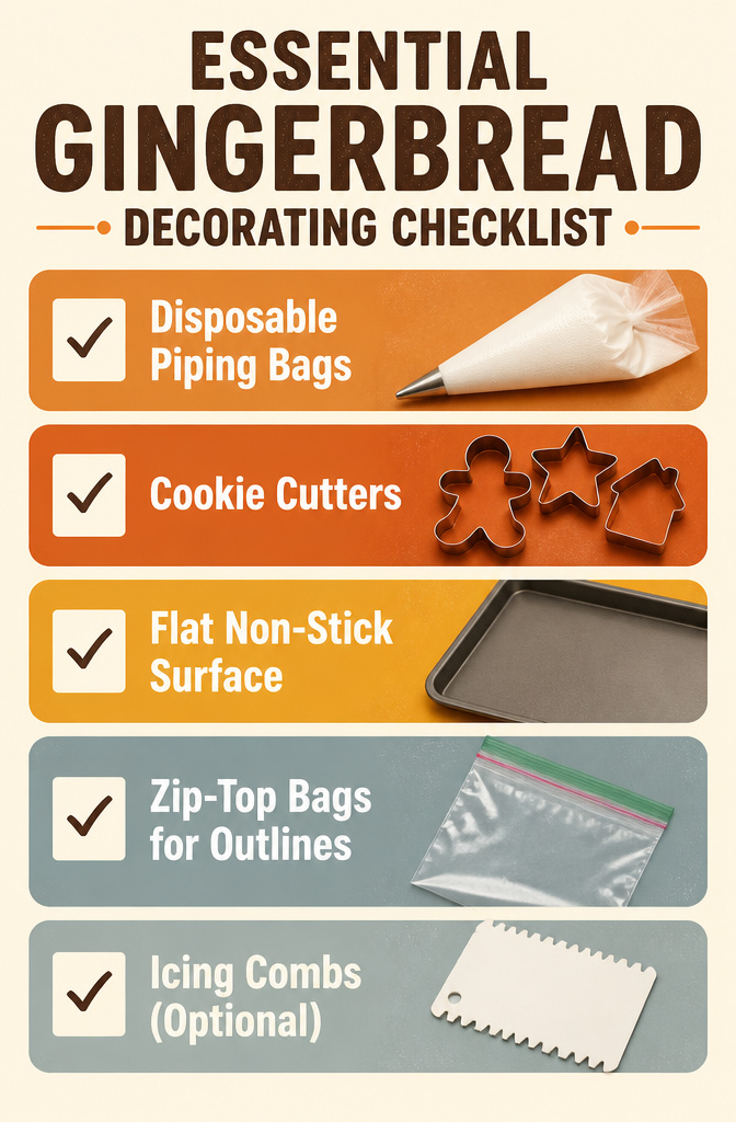 A checklist of tools for decorating gingerbread houses.