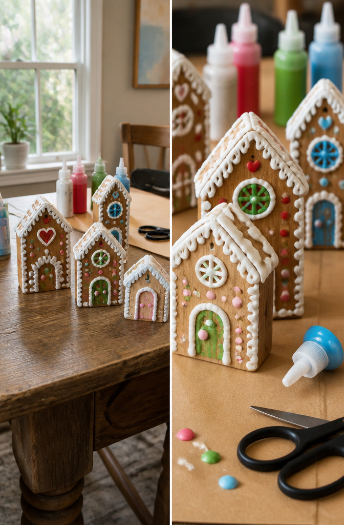 Small wood house shapes painted in gingerbread styles on a table.