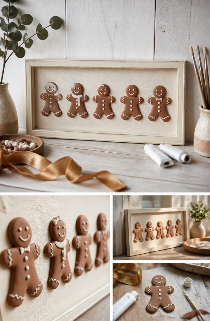 A reverse canvas with gingerbread men made from air-dry clay attached.