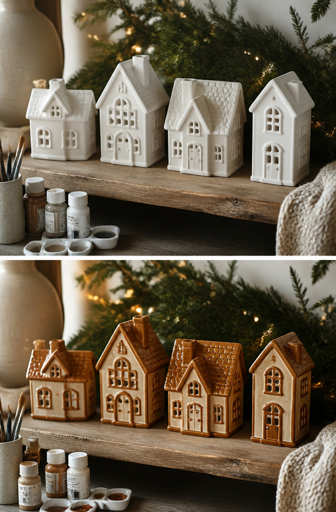 Ceramic village houses painted to resemble gingerbread decorations.