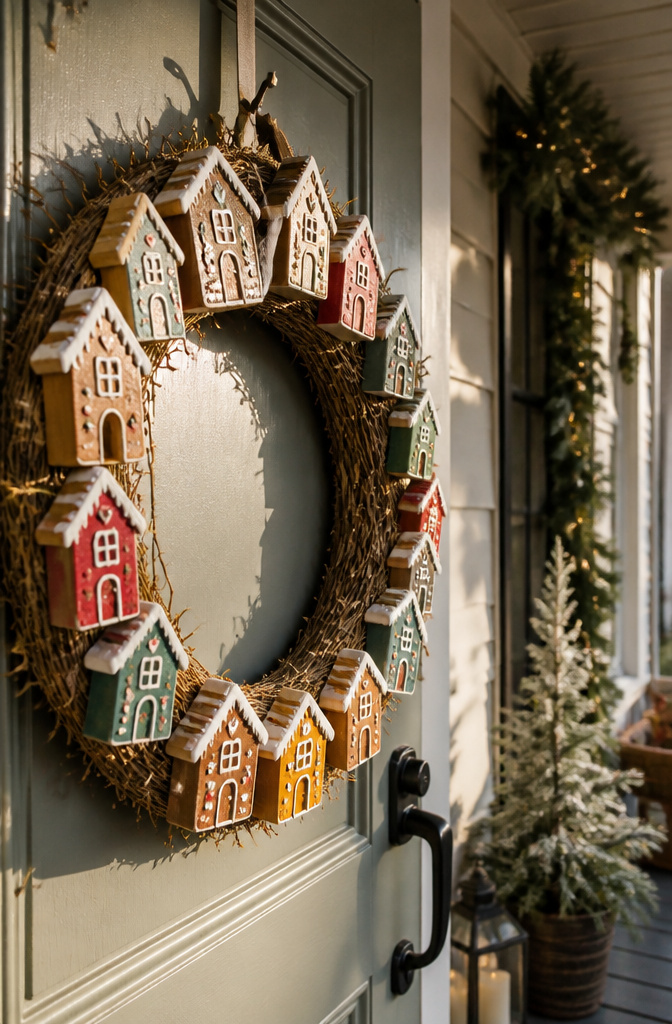 A wreath featuring multiple gingerbread houses attached to a circular base.