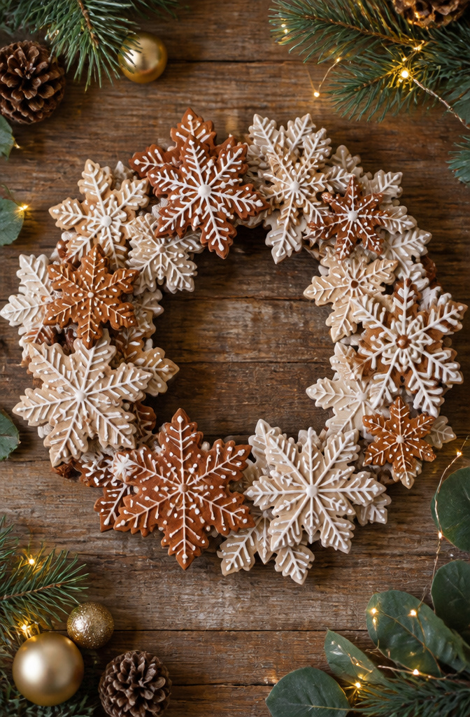 A grapevine wreath with wooden snowflakes painted in gingerbread colors.