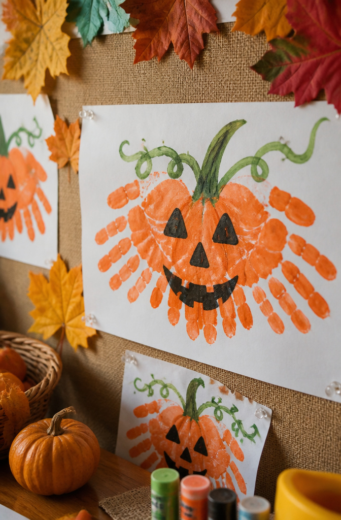 Orange handprint shaped like a pumpkin with green details.