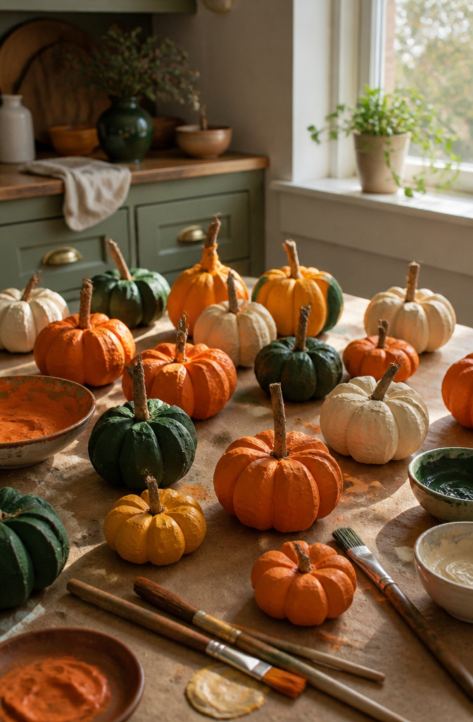 Colorful pumpkins made from cut egg carton segments with sticks.