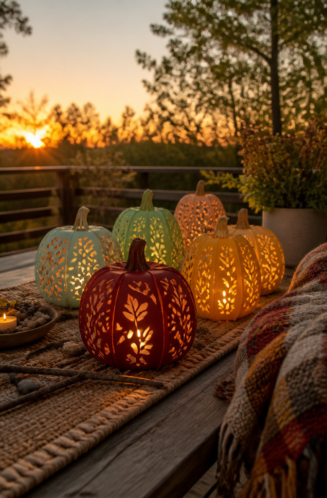Paper luminaries with cut-out shapes illuminated by tea lights.