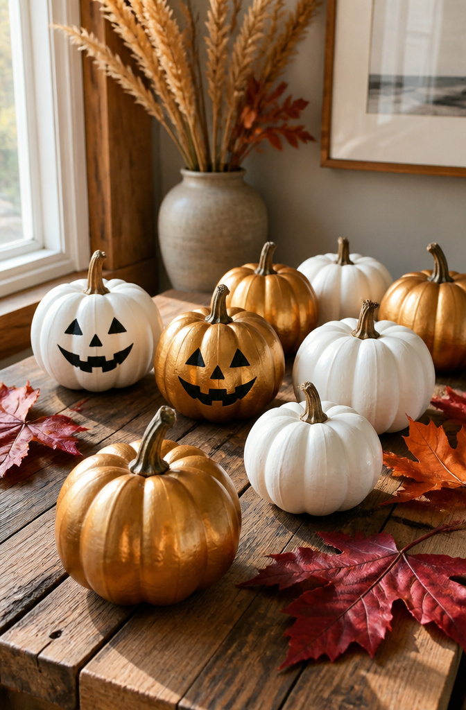 A display of foam pumpkins in various colors arranged on a table.