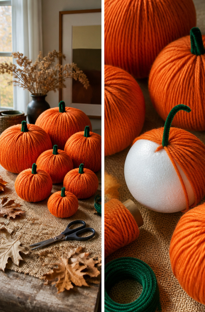 Chunky yarn wrapped around styrofoam balls in various sizes.