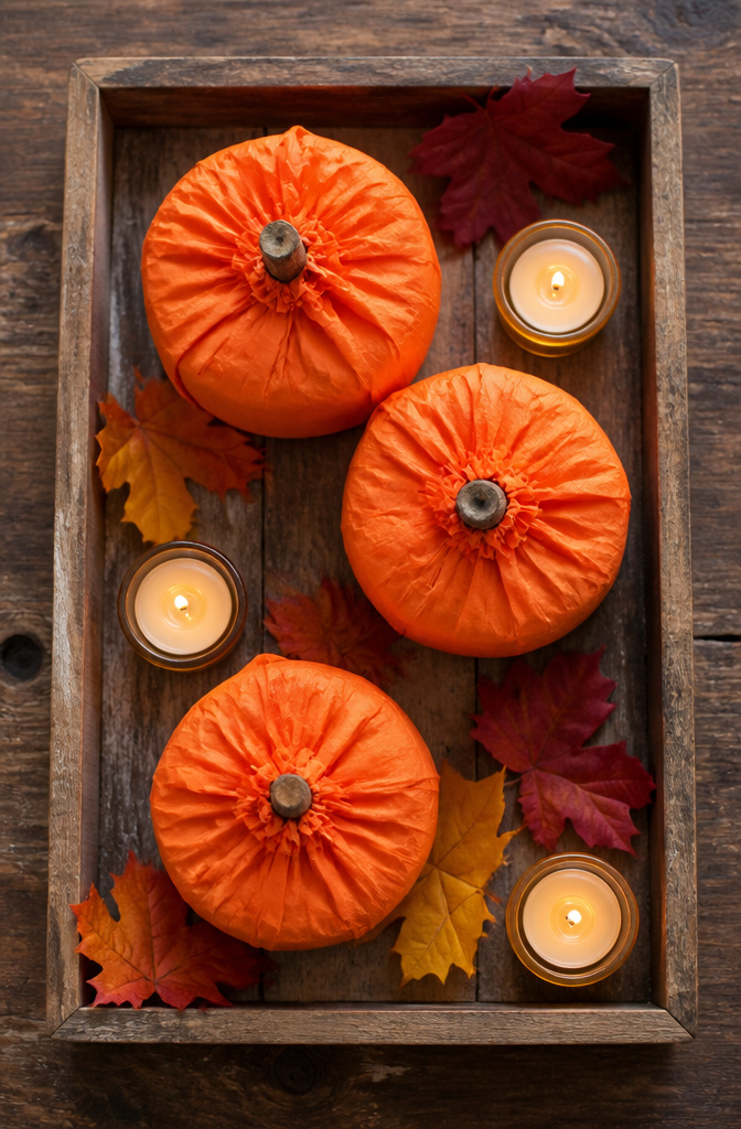 A toilet paper roll covered in orange tissue paper resembling a pumpkin.