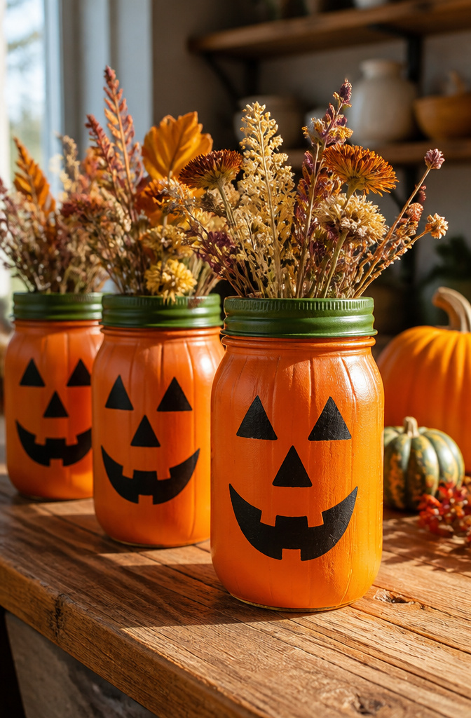 Painted mason jars with pumpkin faces and a green lid as a stem.