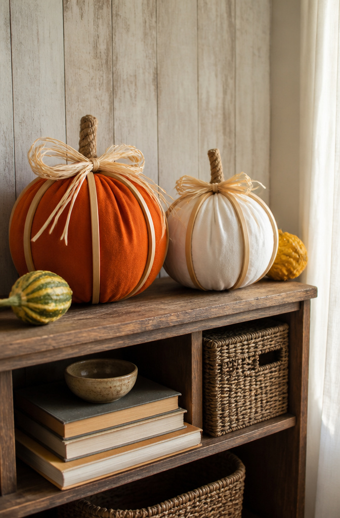 Two fabric-stretched embroidery hoops shaped like pumpkins on a shelf.