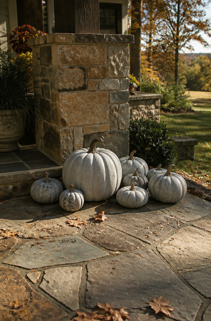 Heavy concrete pumpkins molded into various shapes and sizes.
