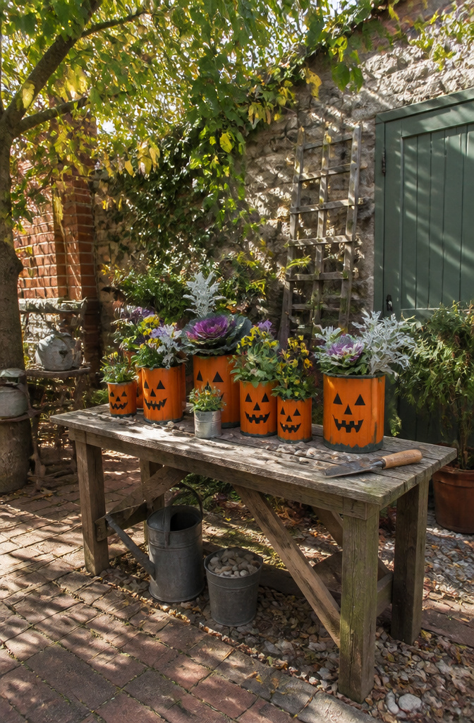 Pumpkin planters made from painted containers and real branches.