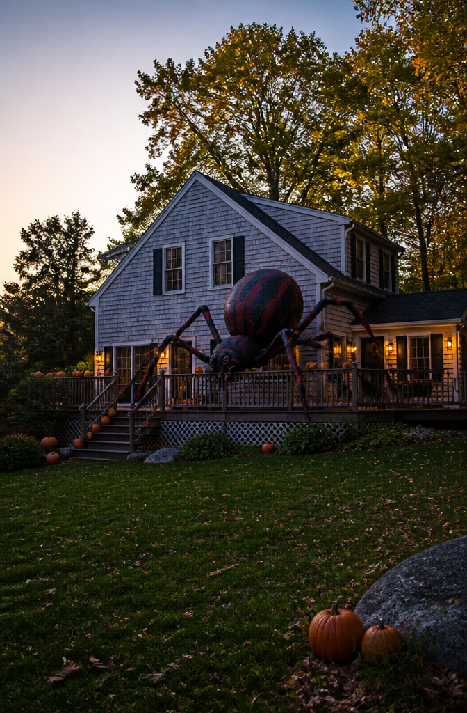 A giant spider crafted from chicken wire and foam in a yard.