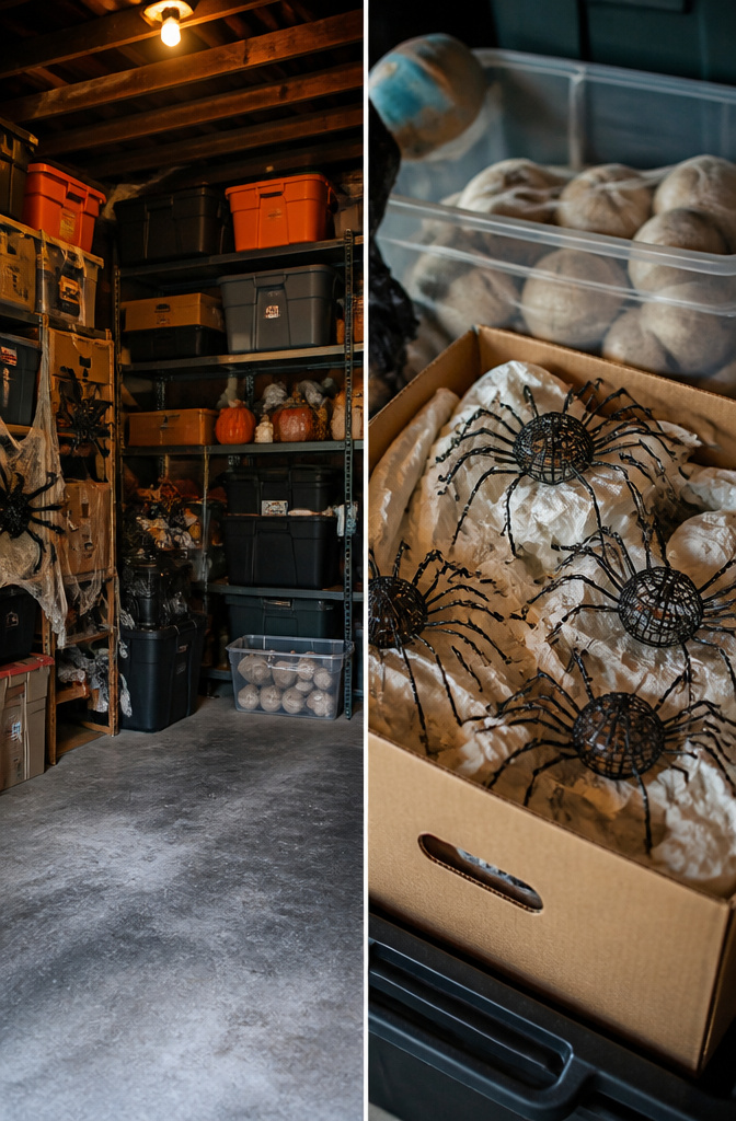 A cardboard box containing folded wire-frame spider decorations.