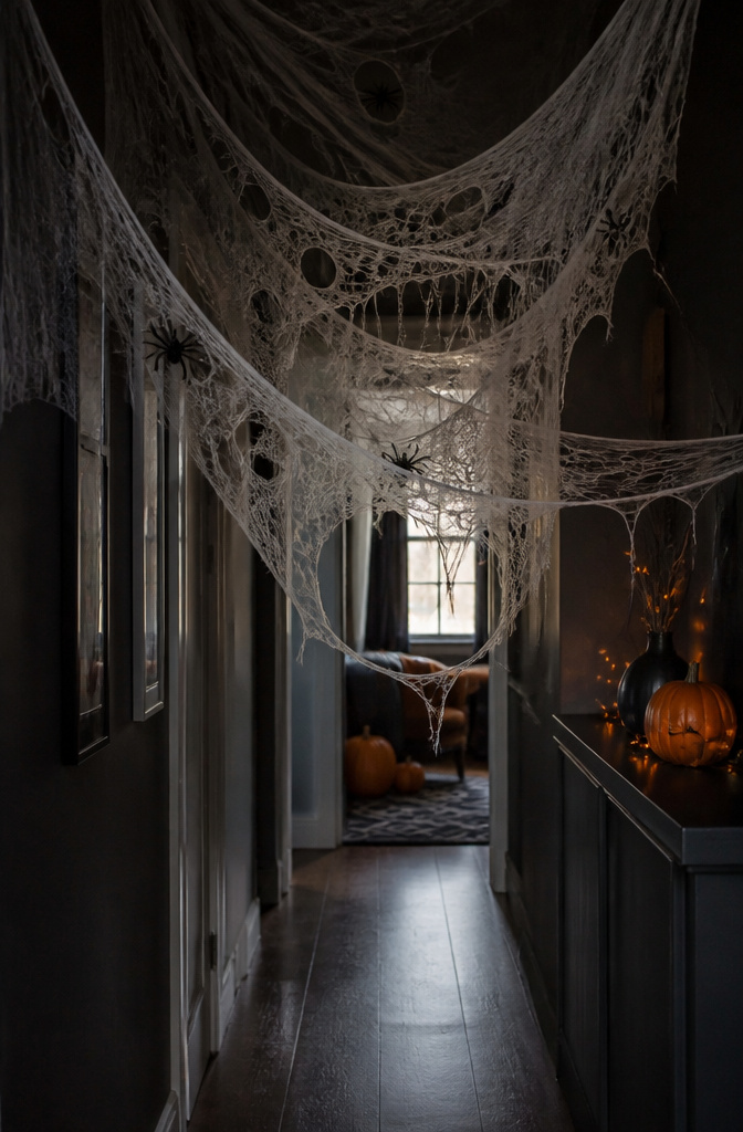 A spider web made from beef netting stretches across a hallway.