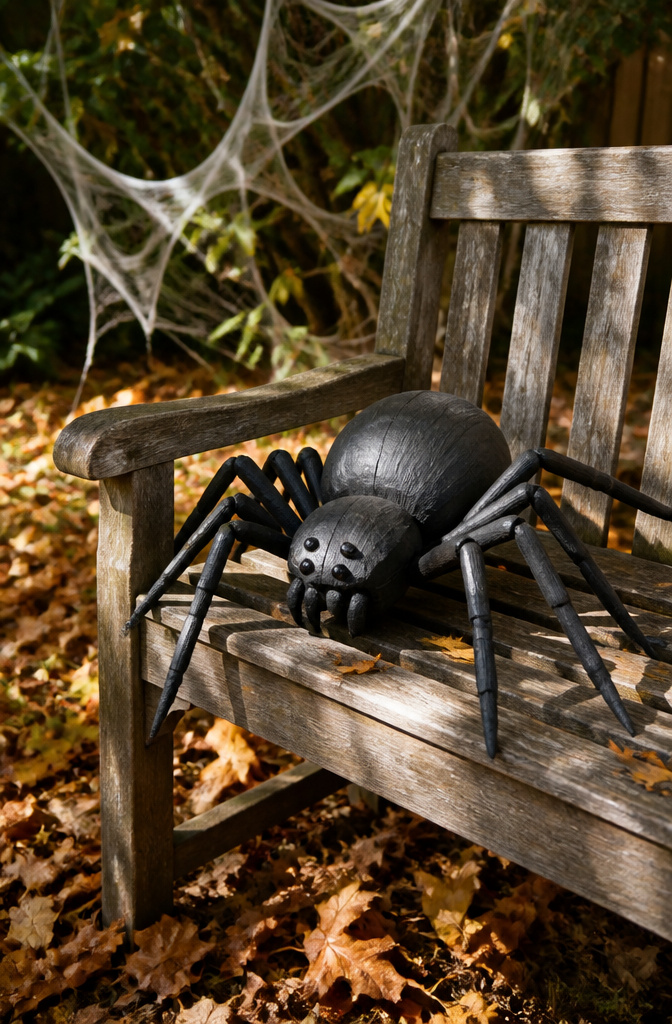 A carved styrofoam spider displayed on a weathered garden bench.