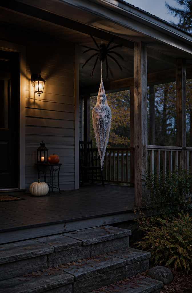 A cocoon-like decoration wrapped in cheesecloth resembling a corpse.