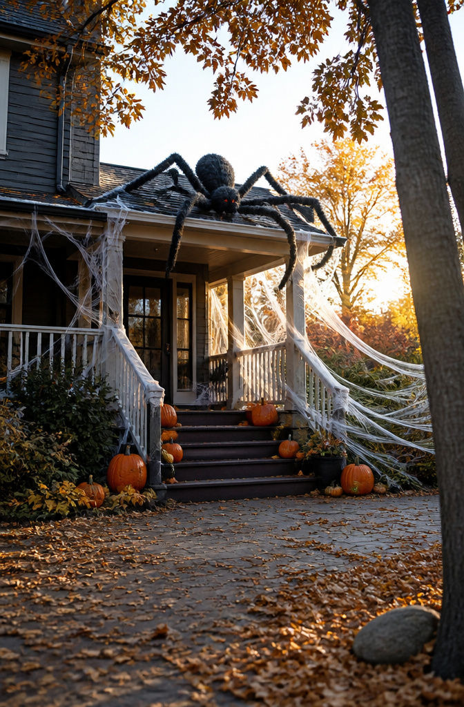 A spider decoration positioned on a roof in a Halloween setting.