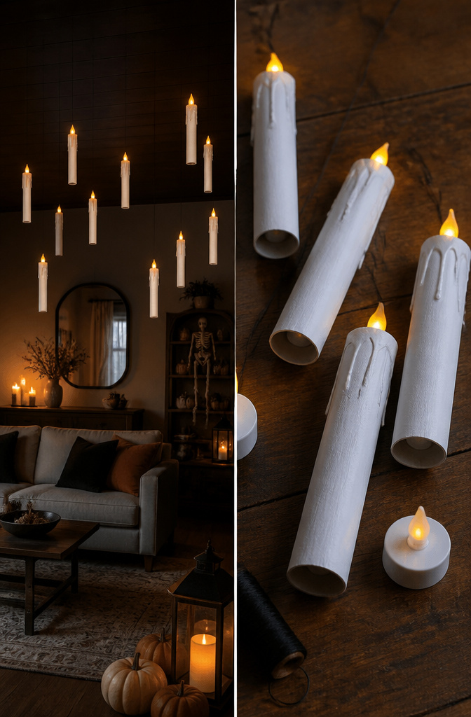 Cardboard tubes painted as candles, suspended from a dark ceiling.