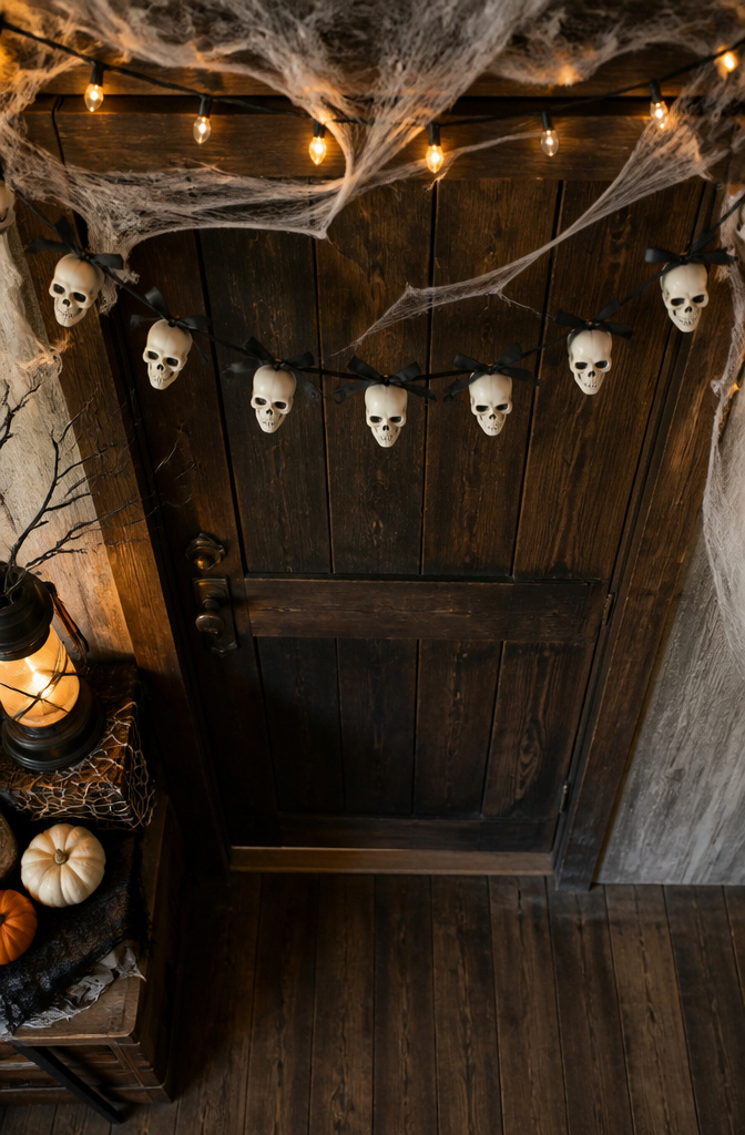 Black and white paper skulls strung together, spaced evenly.